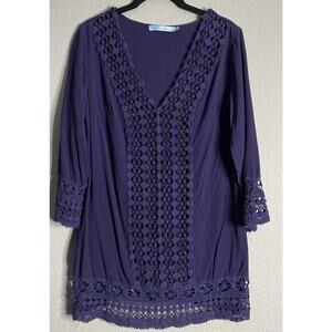 Solitaire Top Women Medium Purple Swim Tunic Crochet Cover Up‎ Sheer Pullover